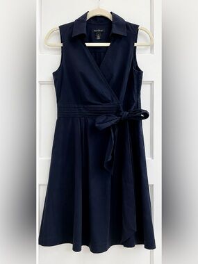 WHBM Navy Blue Sleeveless Collared Tie Waist Wrap Dress Sz 4